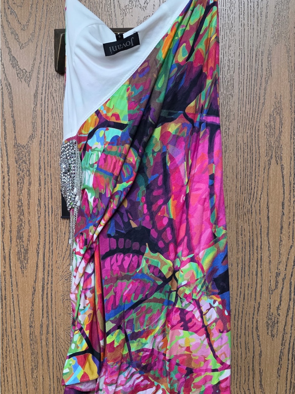 Jovani White and Multicolor Abstract Draped Skirt